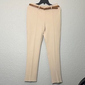 High-Rise Cream Ponte Skinny Pants with Slim Belt